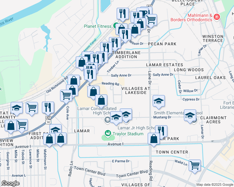 map of restaurants, bars, coffee shops, grocery stores, and more near 4720 Reading Road in Rosenberg
