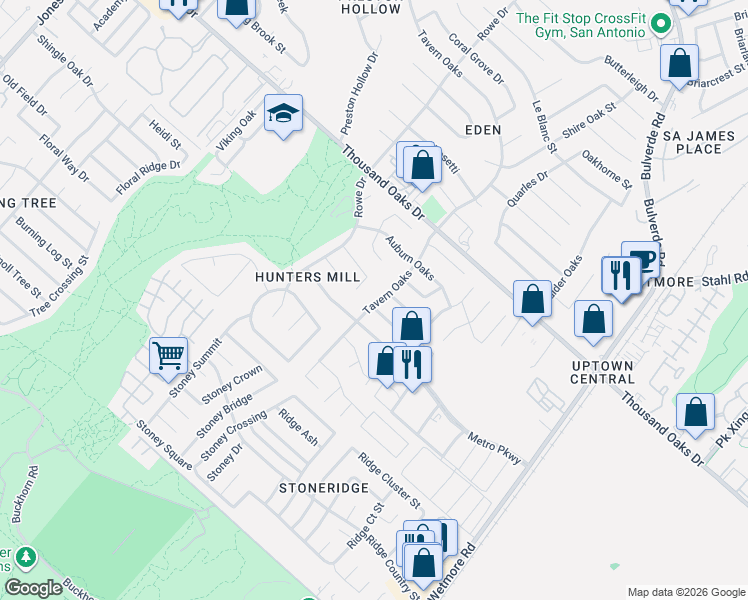map of restaurants, bars, coffee shops, grocery stores, and more near 13602 Ashley Oaks in San Antonio
