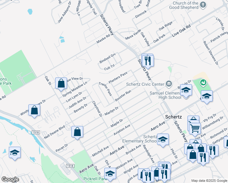 map of restaurants, bars, coffee shops, grocery stores, and more near 1325 Fields Way in Schertz