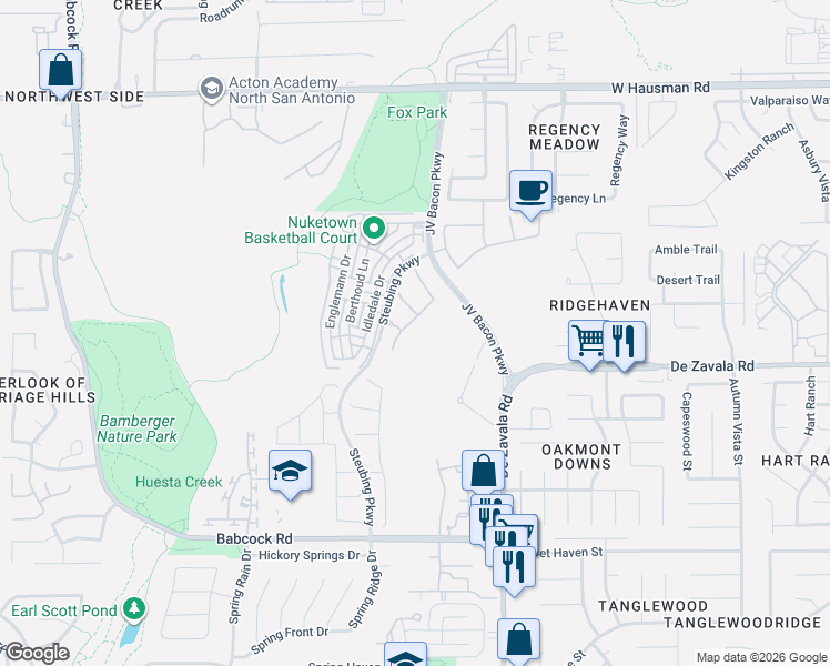 map of restaurants, bars, coffee shops, grocery stores, and more near 12726 Fairview Farm in San Antonio