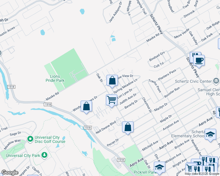 map of restaurants, bars, coffee shops, grocery stores, and more near 2013 Meadow Sage in Schertz