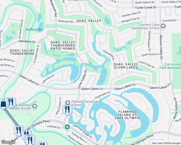 map of restaurants, bars, coffee shops, grocery stores, and more near 3802 East Valley Drive in Missouri City