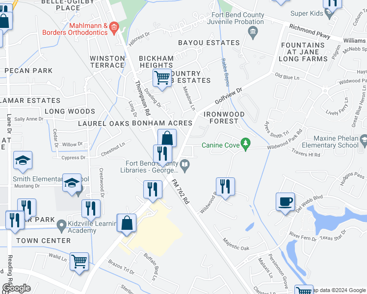 map of restaurants, bars, coffee shops, grocery stores, and more near 1122 Golfview Drive in Richmond