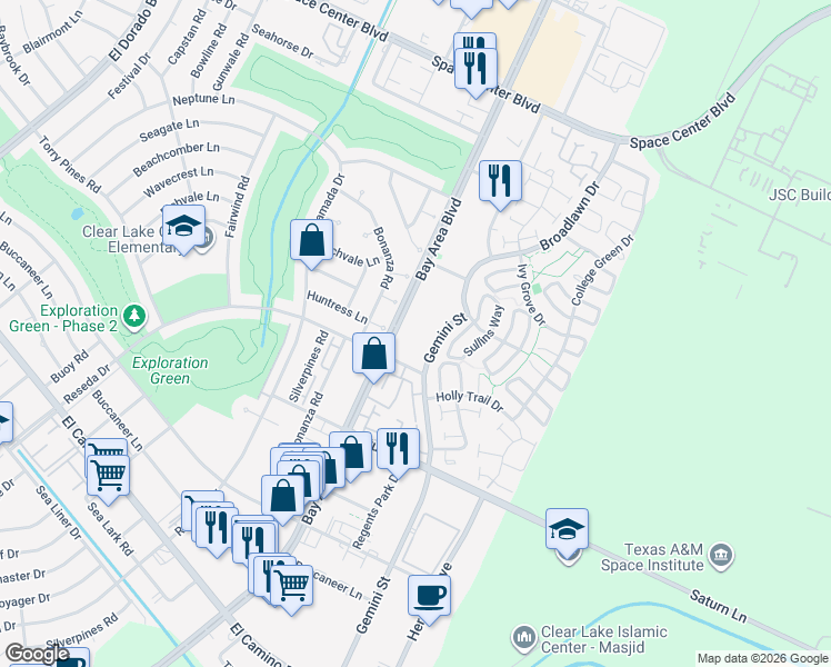 map of restaurants, bars, coffee shops, grocery stores, and more near 1600 Bay Area Boulevard in Houston