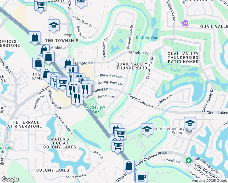 map of restaurants, bars, coffee shops, grocery stores, and more near 3307 Summit Drive in Missouri City