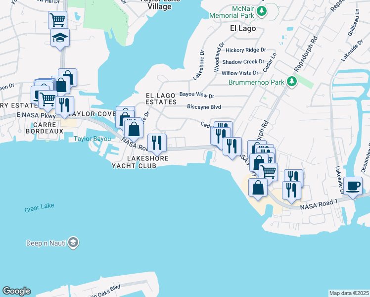 map of restaurants, bars, coffee shops, grocery stores, and more near 3713 NASA Road 1 in Seabrook