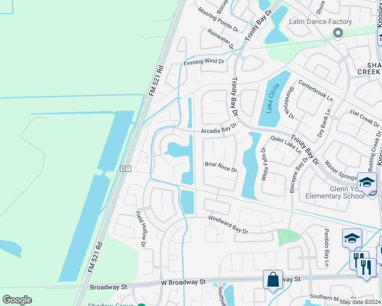 map of restaurants, bars, coffee shops, grocery stores, and more near 2624 Night Song Drive in Pearland