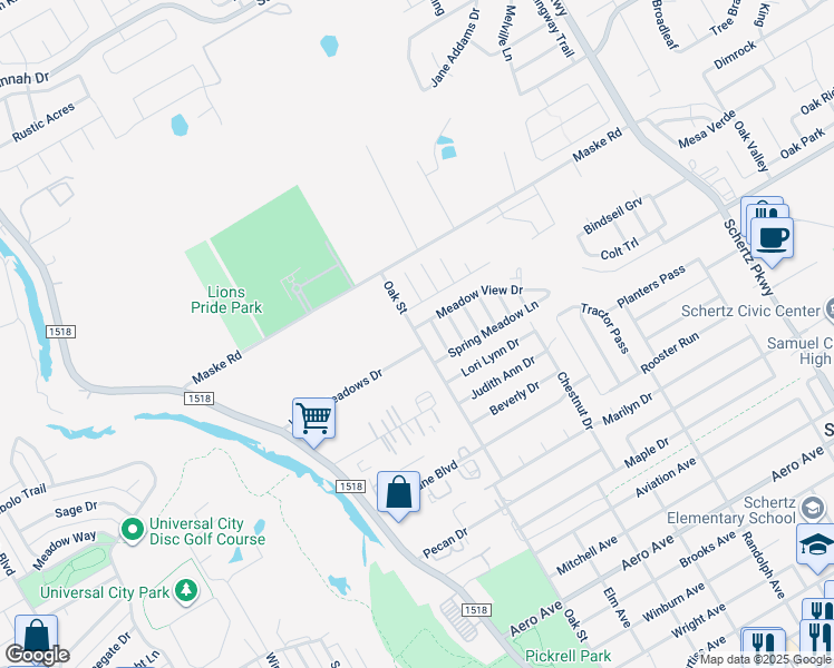 map of restaurants, bars, coffee shops, grocery stores, and more near 152 Windy Meadows Drive in Schertz