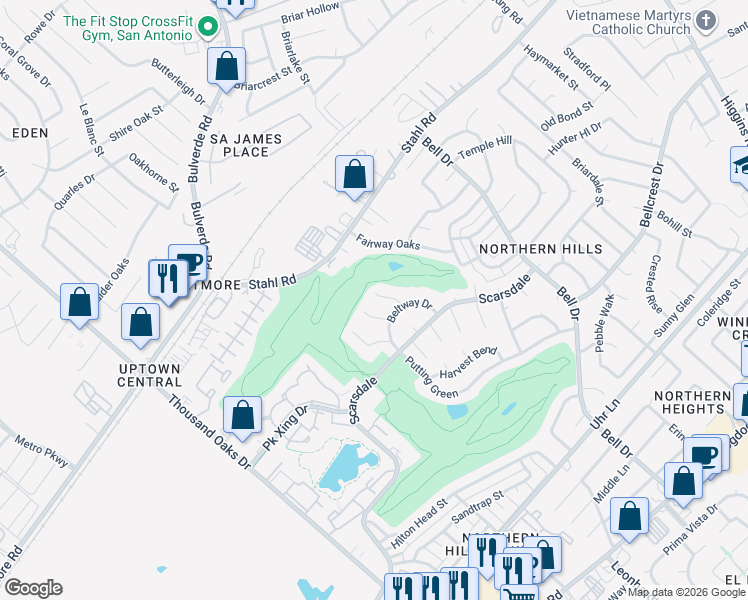 map of restaurants, bars, coffee shops, grocery stores, and more near 4110 Smokey Bend Way in San Antonio