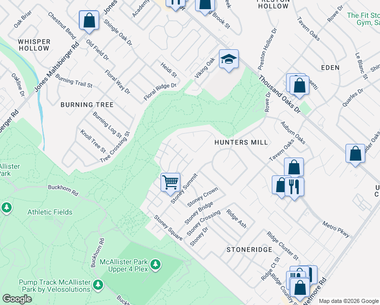 map of restaurants, bars, coffee shops, grocery stores, and more near 12150 Stoney Pond in San Antonio