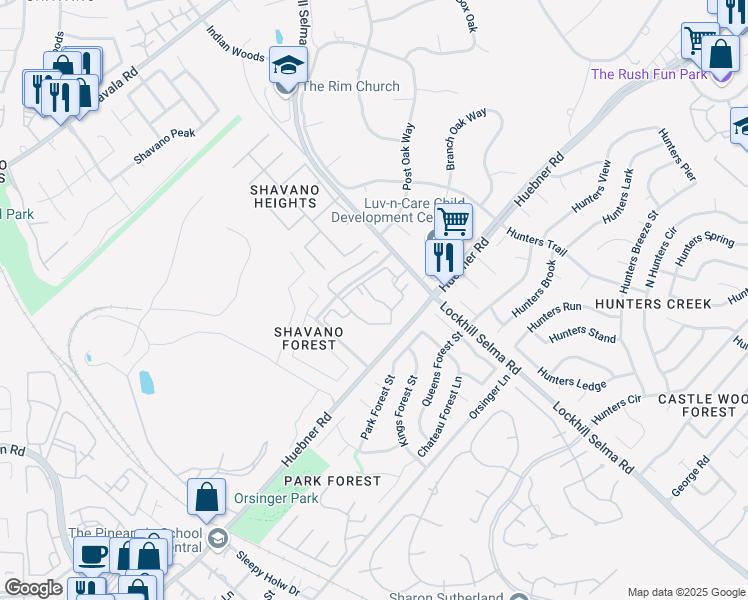 map of restaurants, bars, coffee shops, grocery stores, and more near 12955 Huebner Road in San Antonio