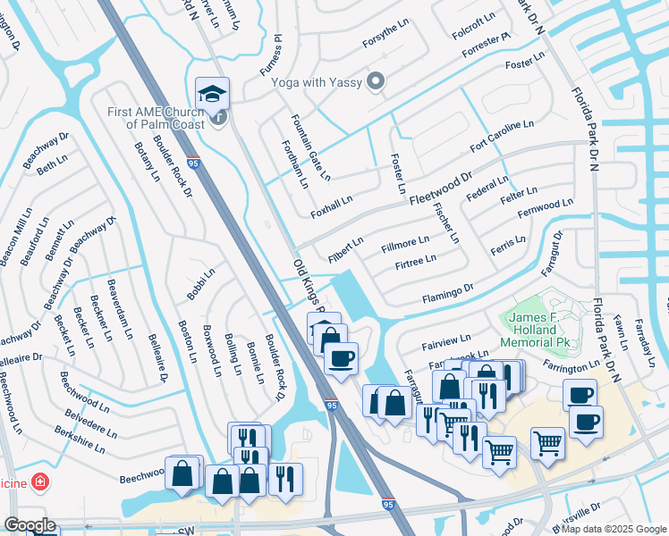 map of restaurants, bars, coffee shops, grocery stores, and more near 1 Kings Colony Court North in Palm Coast
