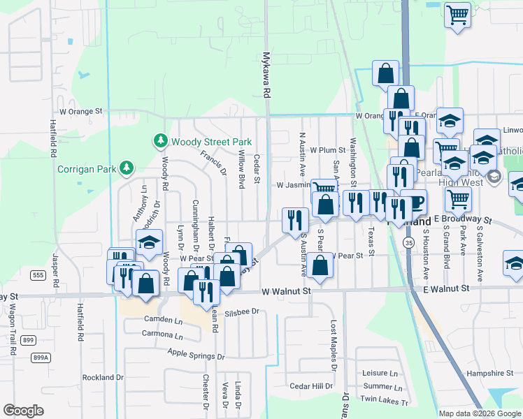 map of restaurants, bars, coffee shops, grocery stores, and more near 4511 Cherry Street in Pearland