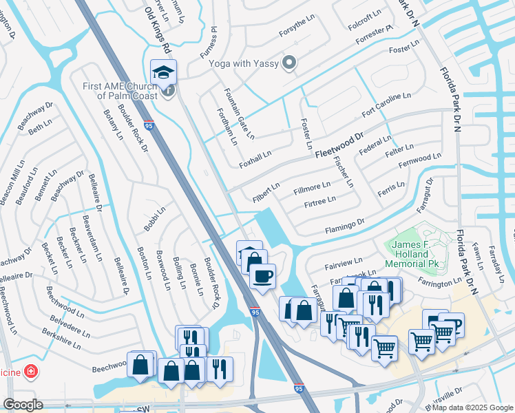 map of restaurants, bars, coffee shops, grocery stores, and more near 46 Filbert Lane in Palm Coast