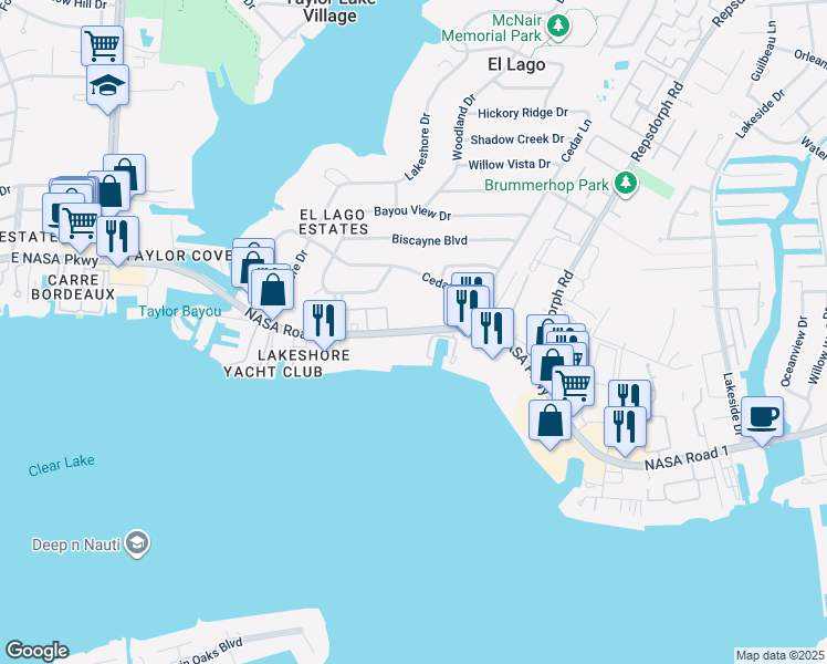 map of restaurants, bars, coffee shops, grocery stores, and more near 3702 East NASA Parkway in Seabrook