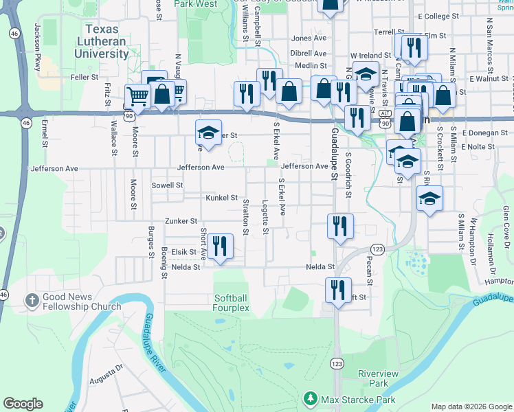 map of restaurants, bars, coffee shops, grocery stores, and more near 723 Legette Street in Seguin