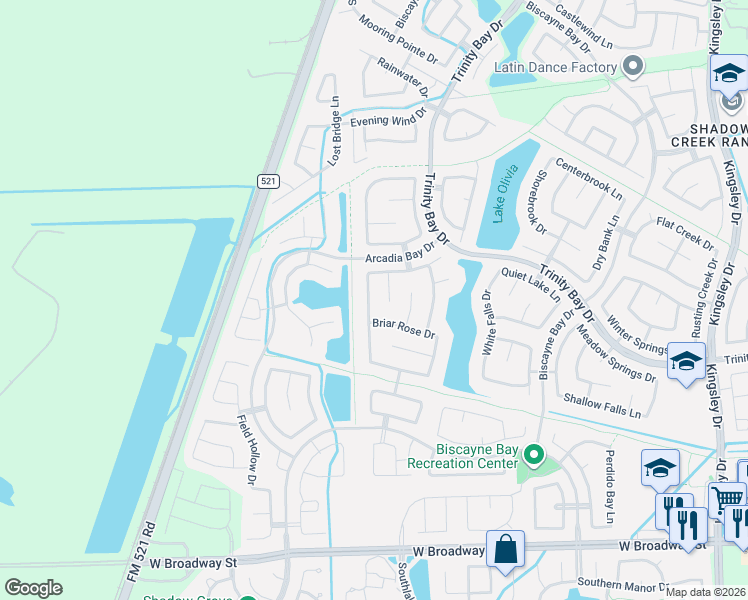 map of restaurants, bars, coffee shops, grocery stores, and more near 2606 Night Song Drive in Pearland