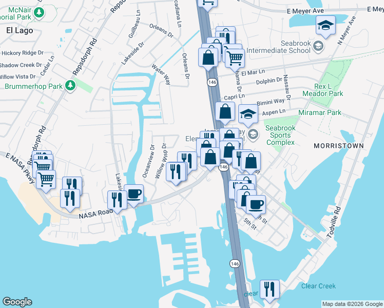 map of restaurants, bars, coffee shops, grocery stores, and more near 2119 3rd Street in Seabrook