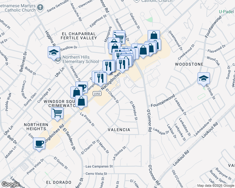 map of restaurants, bars, coffee shops, grocery stores, and more near 13458 El Mirador Street in San Antonio