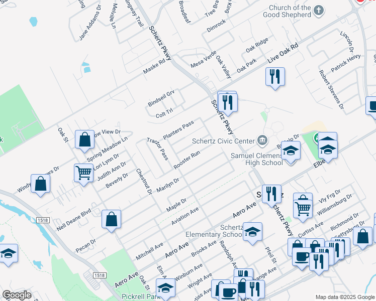 map of restaurants, bars, coffee shops, grocery stores, and more near 637 Silo Street in Schertz