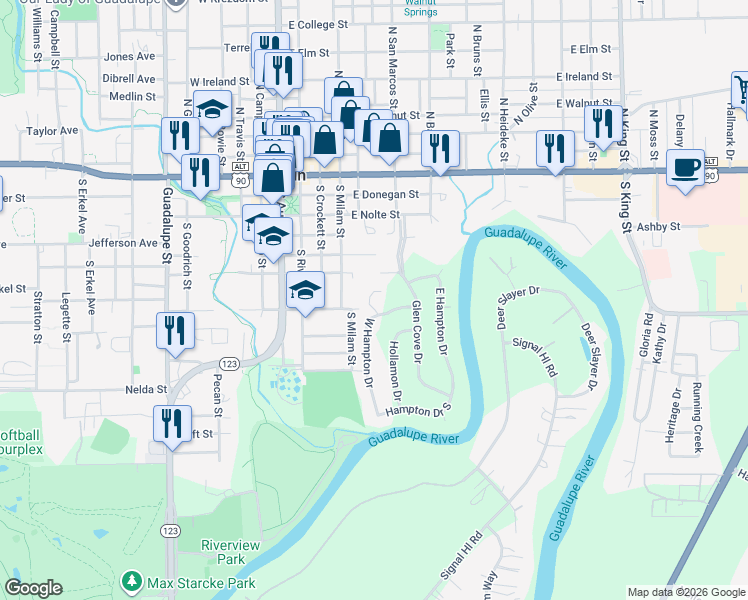 map of restaurants, bars, coffee shops, grocery stores, and more near 506 Fox Run Street in Seguin