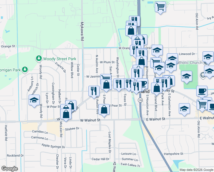 map of restaurants, bars, coffee shops, grocery stores, and more near 2322 San Antonio Street in Pearland