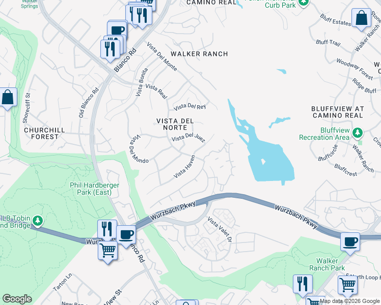 map of restaurants, bars, coffee shops, grocery stores, and more near 1206 Vista Del Juez in San Antonio