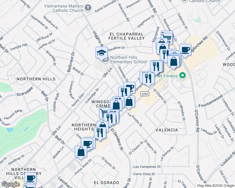 map of restaurants, bars, coffee shops, grocery stores, and more near 4843 Tennyson Drive in San Antonio
