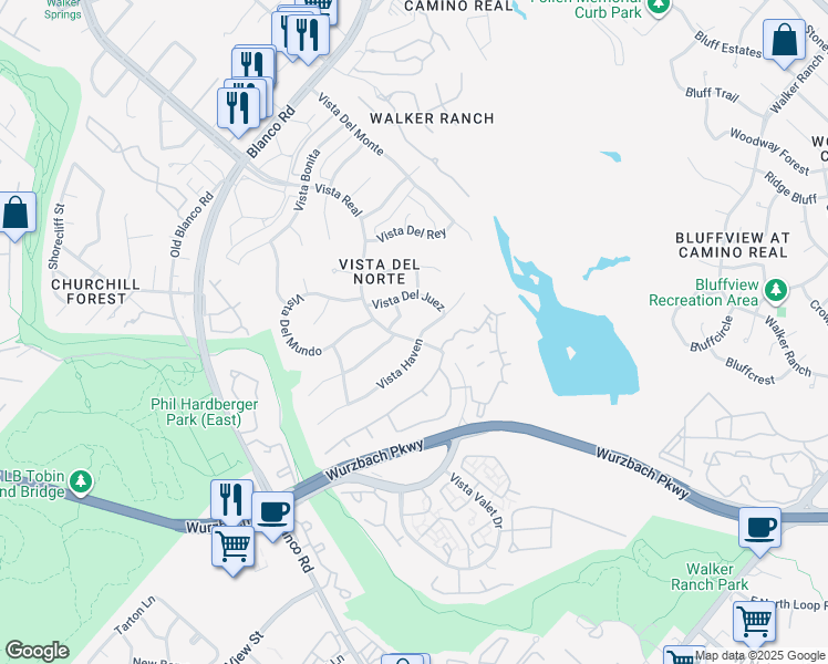 map of restaurants, bars, coffee shops, grocery stores, and more near 1206 Vista Del Juez in San Antonio