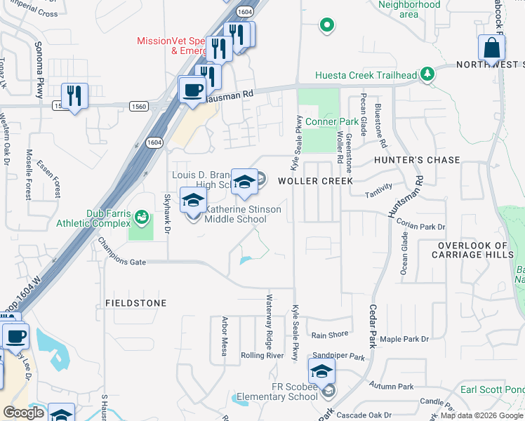 map of restaurants, bars, coffee shops, grocery stores, and more near 13011 Kyle Seale Parkway in San Antonio