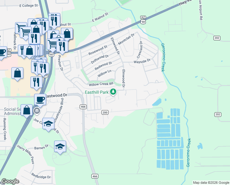 map of restaurants, bars, coffee shops, grocery stores, and more near 1715 Willow Creek Road in Seguin