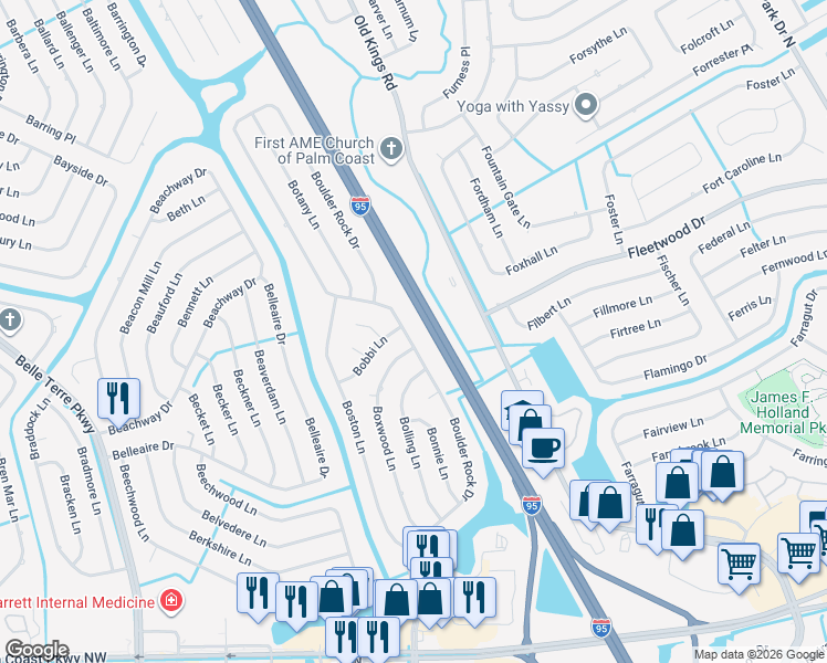 map of restaurants, bars, coffee shops, grocery stores, and more near 92 Boulder Rock Drive in Palm Coast