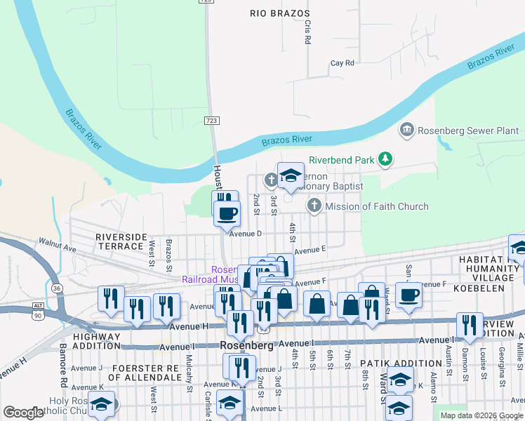 map of restaurants, bars, coffee shops, grocery stores, and more near 1907 Avenue C in Rosenberg
