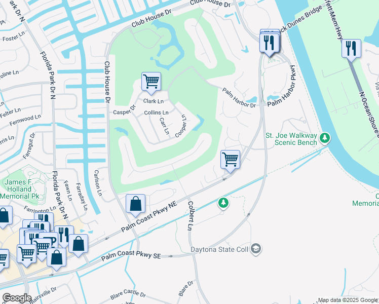 map of restaurants, bars, coffee shops, grocery stores, and more near 16 Courtney Place in Palm Coast