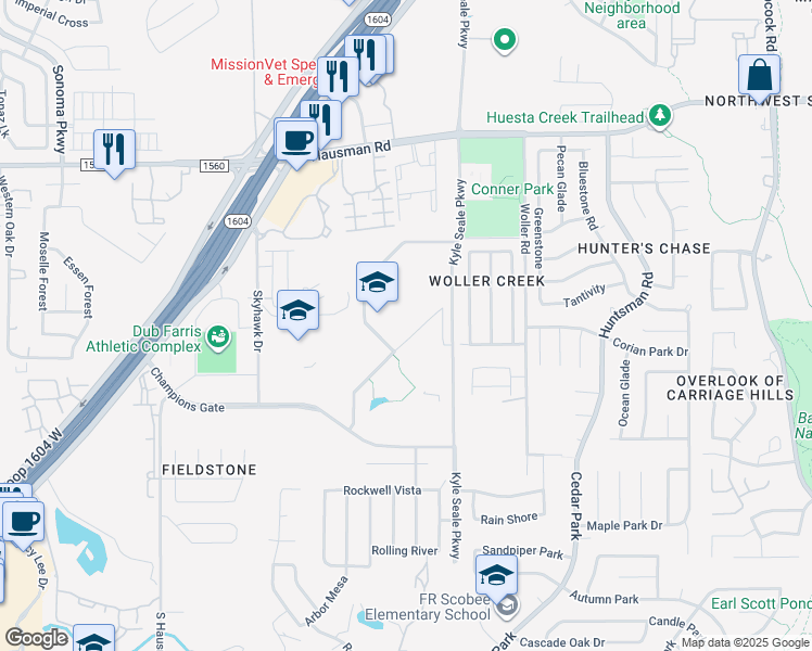 map of restaurants, bars, coffee shops, grocery stores, and more near 13011 Kyle Seale Parkway in San Antonio