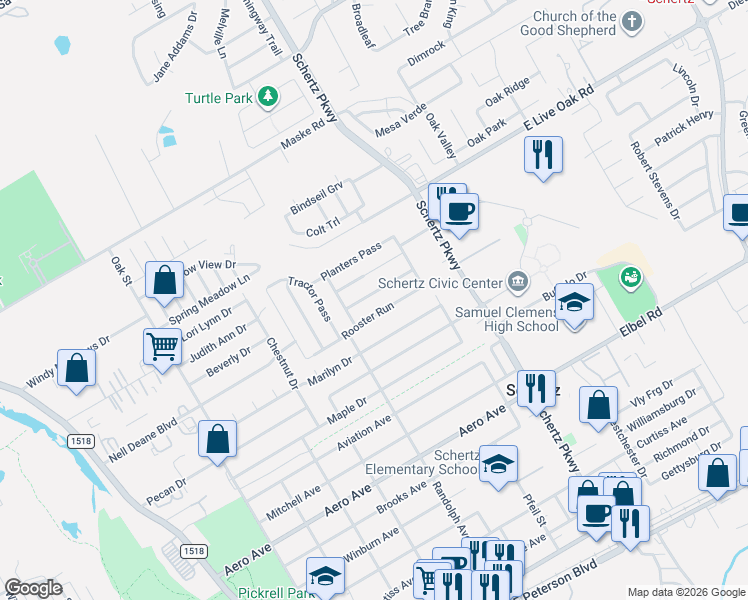 map of restaurants, bars, coffee shops, grocery stores, and more near 637 Silo Street in Schertz
