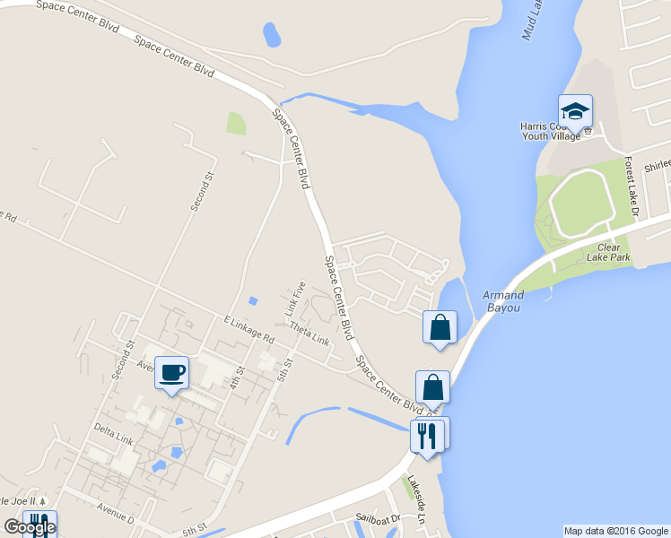 map of restaurants, bars, coffee shops, grocery stores, and more near 19205 Space Center Boulevard in Houston