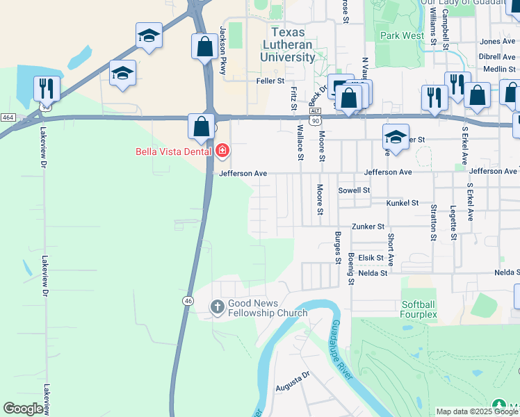 map of restaurants, bars, coffee shops, grocery stores, and more near 672 Volunteer Street in Seguin