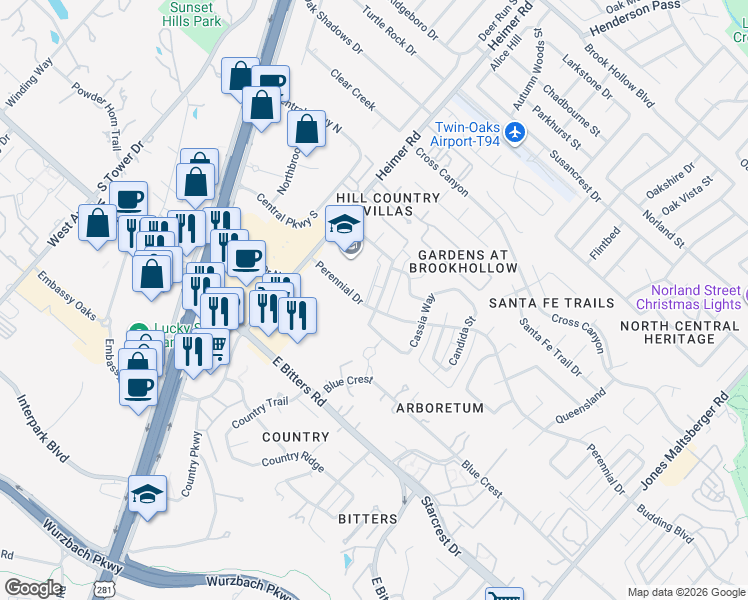 map of restaurants, bars, coffee shops, grocery stores, and more near 1301 Perennial Drive in San Antonio