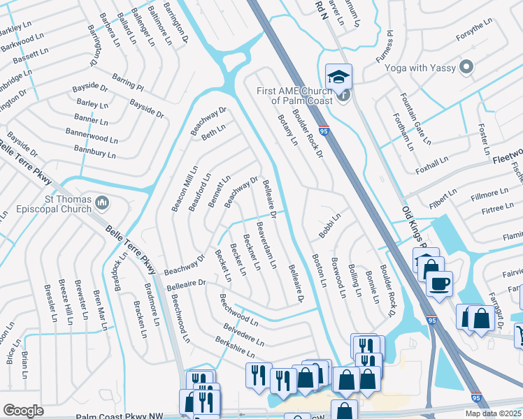map of restaurants, bars, coffee shops, grocery stores, and more near 23 Beaverdam Lane in Palm Coast