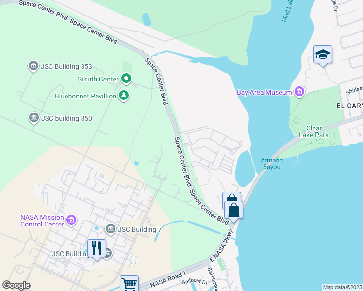 map of restaurants, bars, coffee shops, grocery stores, and more near 19200 Space Center Boulevard in Houston