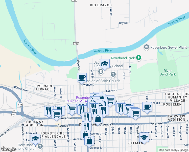 map of restaurants, bars, coffee shops, grocery stores, and more near 300 2nd Street in Rosenberg