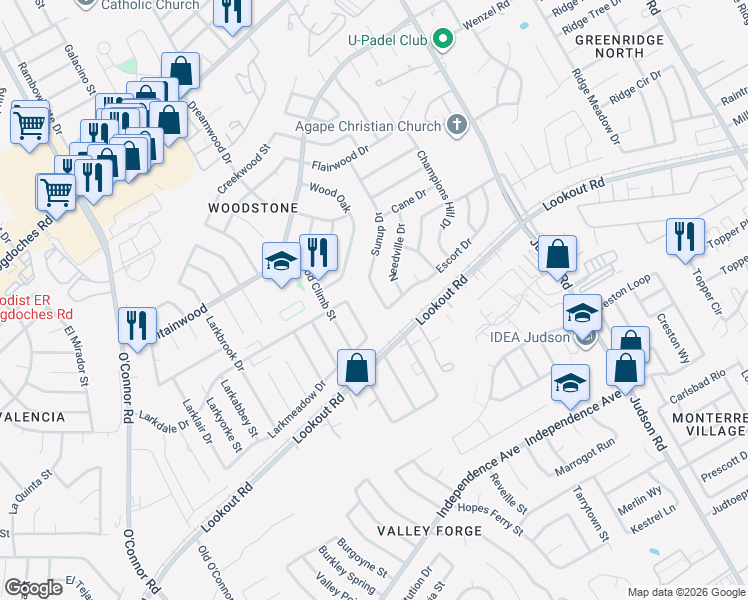 map of restaurants, bars, coffee shops, grocery stores, and more near 5515 Needville in San Antonio