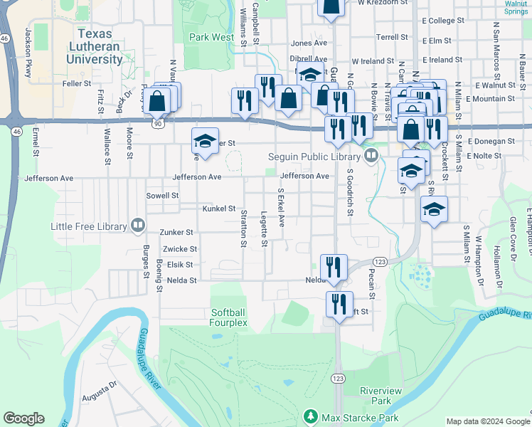 map of restaurants, bars, coffee shops, grocery stores, and more near 714 Johnson Avenue in Seguin