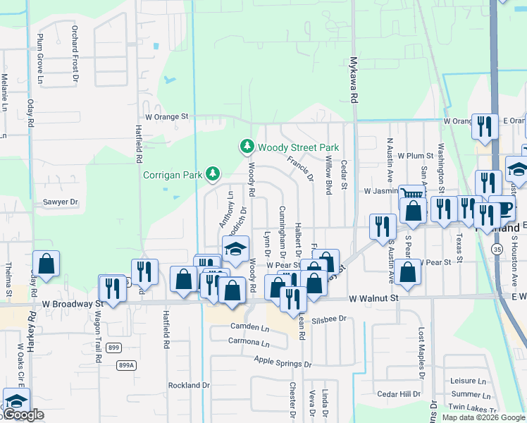 map of restaurants, bars, coffee shops, grocery stores, and more near 2302 Lynn Drive in Pearland