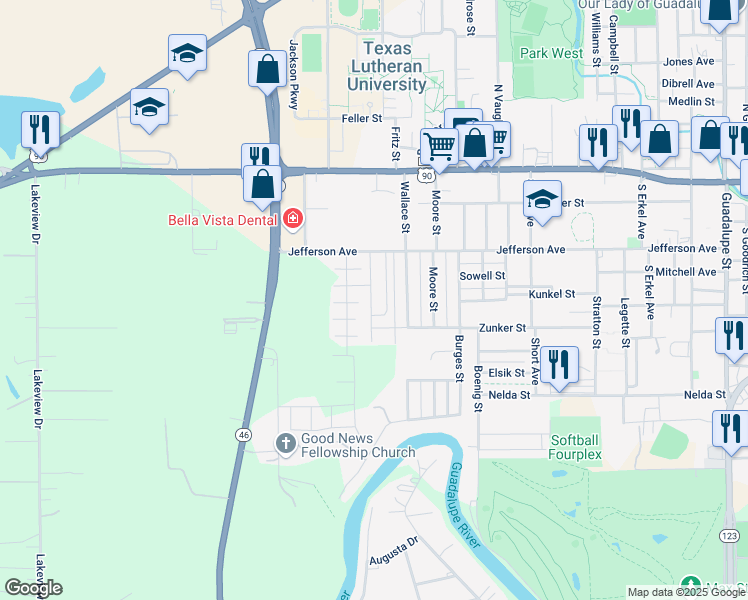 map of restaurants, bars, coffee shops, grocery stores, and more near 1239 Jefferson Ave in Seguin