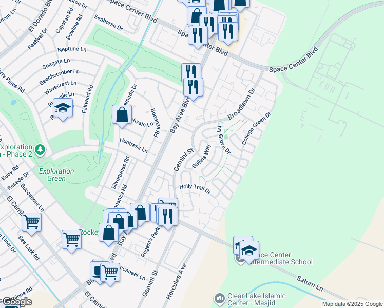 map of restaurants, bars, coffee shops, grocery stores, and more near 1727 Linfield Way in Houston