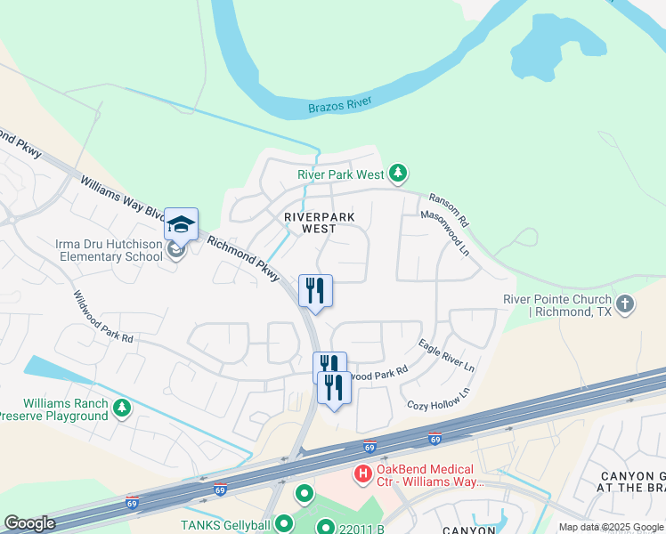 map of restaurants, bars, coffee shops, grocery stores, and more near 21931 Rivergate Court in Richmond
