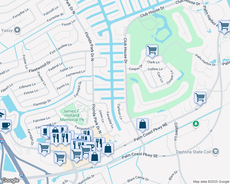 map of restaurants, bars, coffee shops, grocery stores, and more near 9 Cameo Court in Palm Coast