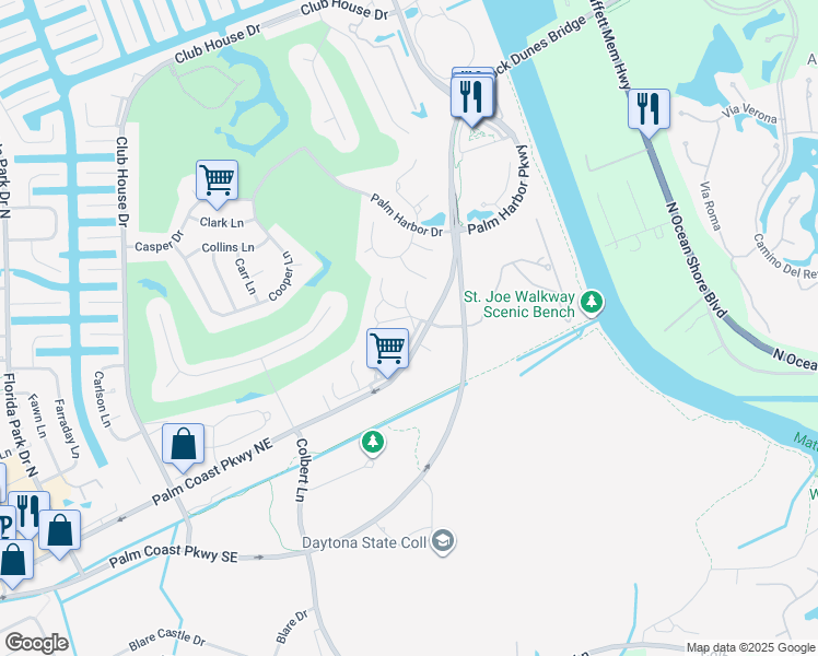 map of restaurants, bars, coffee shops, grocery stores, and more near 30 Fairways Circle in Palm Coast